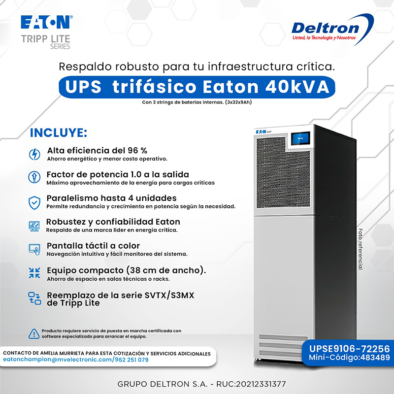 UPS Trifásico Eaton 40kVA, 3 Strings Baterías Internas (3x32x9Ah), 96% Eficiencia