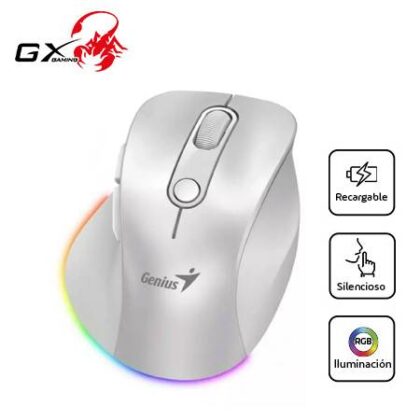 Mouse Genius Ergo 9000S Pro Recargable Dual Wireless/BT 6-Botones Silencioso RGB Blanco Perla
