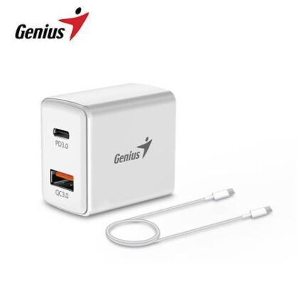 Cargador Pared 20W PD+QC 2 Puertos USB-C/A Genius PD-20ACP Blanco + Cable USB-C 1m