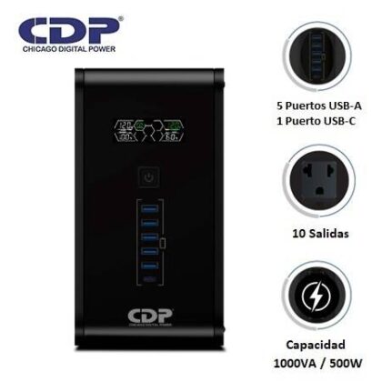 UPS CDP R-SMART 1010I 1000VA / 500W Autonomía 30min 10 Salidas 5 USB-A 1 USB-C Negro
