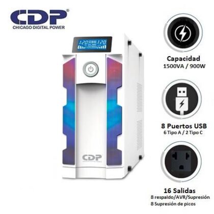 UPS CDP G-SMART1516I 1500VA 900W 16 Tomas 8 USB-A 2 USB-C Blanco