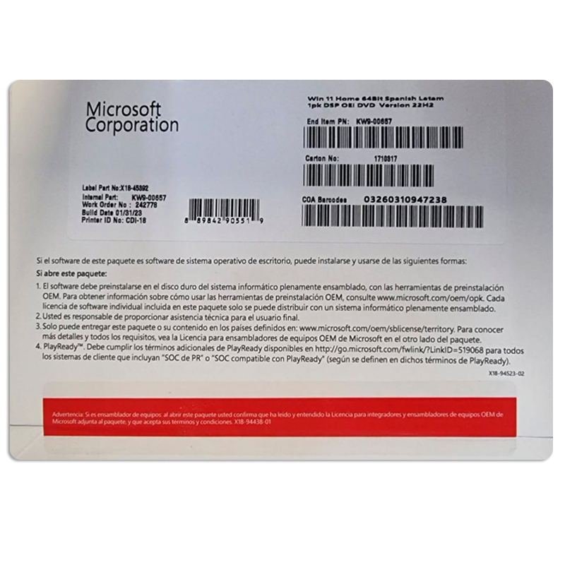 Sistema Operativo Microsoft Windows 11 Home 64Bits Español OEM DVD