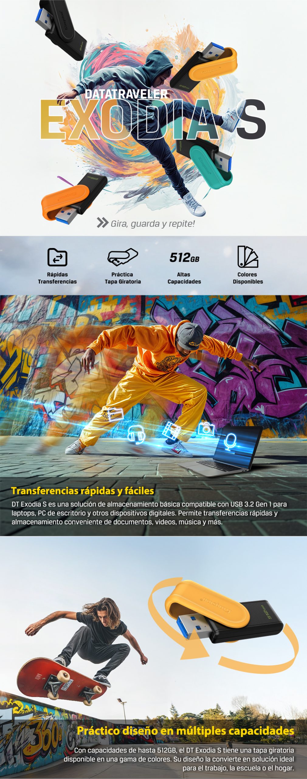 Memoria USB Kingston DataTraveler Exodia S 512GB USB 3.2 Gen 1 Amarillo - Imagen 2